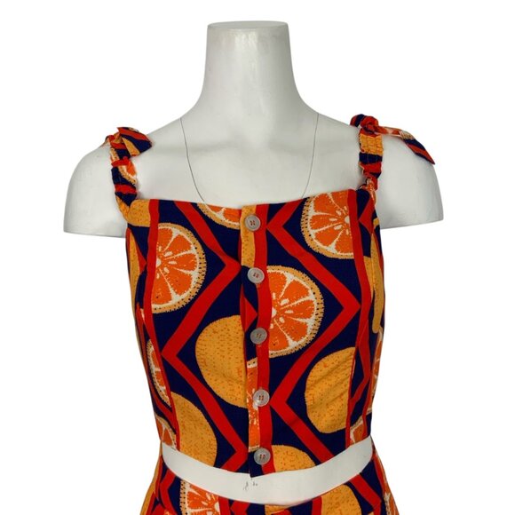 Frida Tropical Jumpsuit M Blue Novelty Orange Fruit Print Sleeveless Cropped - Picture 9 of 14